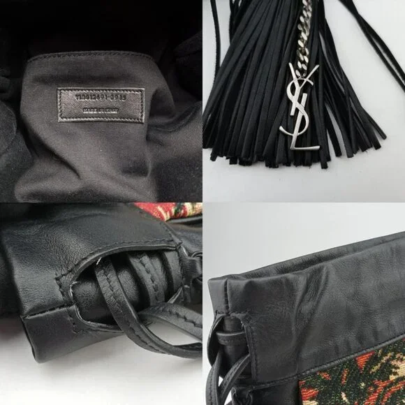 Saint Laurent Yves Helena Fringe Bucket Multicolor Canvas Shoulder Bag - Picture 8 of 10